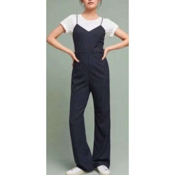 ANTHROPOLOGIE Pinstripe Essential Jumpsuit Pantsuit Size 4 Navy Blue - Picture 1 of 8